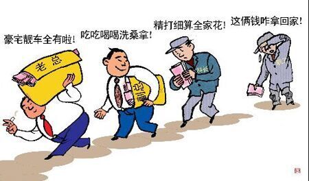 老总：豪车靓女全有啦！副总：吃吃喝喝洗桑拿！科长：精打细算全家花！职工：这俩钱咋拿回家？